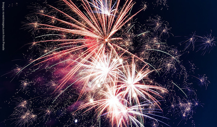 Image of fireworks Brightly coloured fireworks exploding against a dark sky.