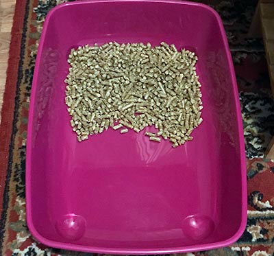 Pink litter tray, half filled with pellet litter.