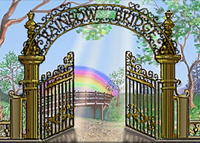 The open gates of the entry to the rainbow bridge with pets waiting for their owners.